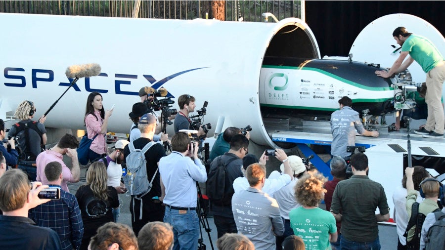 Prototype pods for the Hyperloop transportation system on display in California last year; the technology hopes to move passengers and freight up to 1,200km per hour, but is still some distance away from commercial development