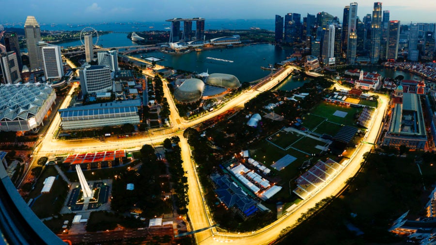 Marina Bay Circuit, Marina Bay, Singapore. Thursday 14 September 2017. An aerial view of the Marina Bay Circuit as final preparations are made.