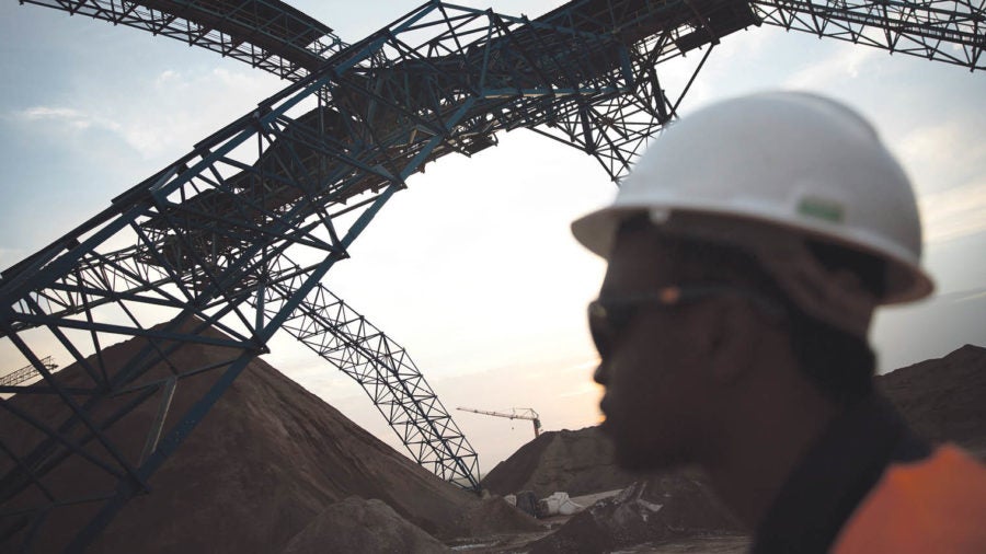 Conveyor belt moving rock ore in the production plant at Randgold Resources’ LouloGounkoto complex in Mali