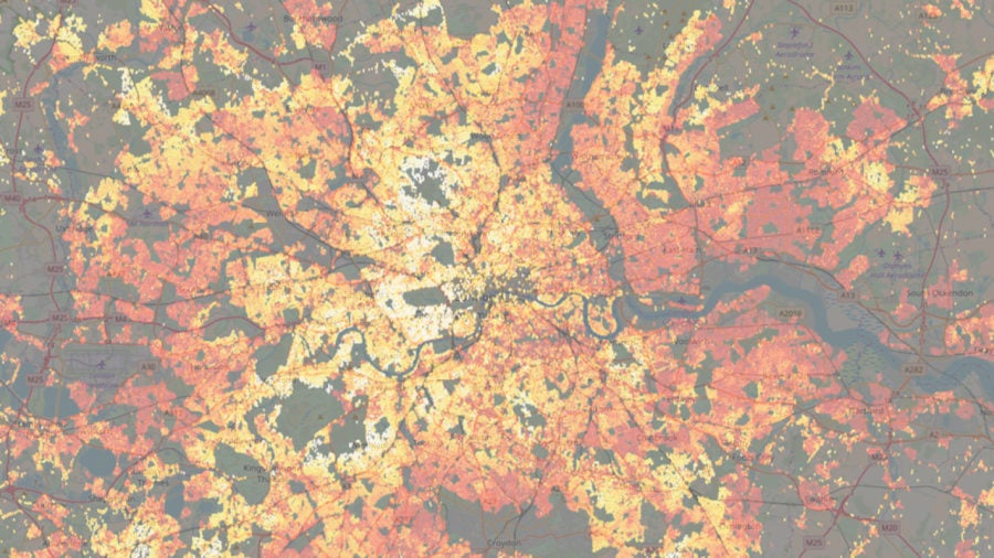 red white orange geospatial heatmap map of London housing