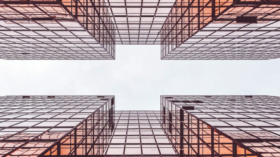 view of skyscrapers from below