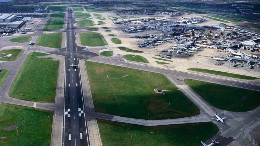 bird's eye view of Heathrow runway with planes on it