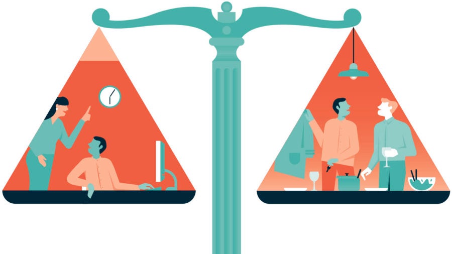 cartoon of scales showing balance between work performance and mental health