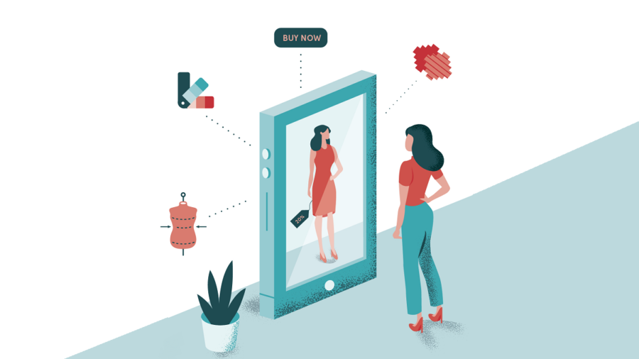 cartoon of woman looking in mirror illustrating omni-channel retailing