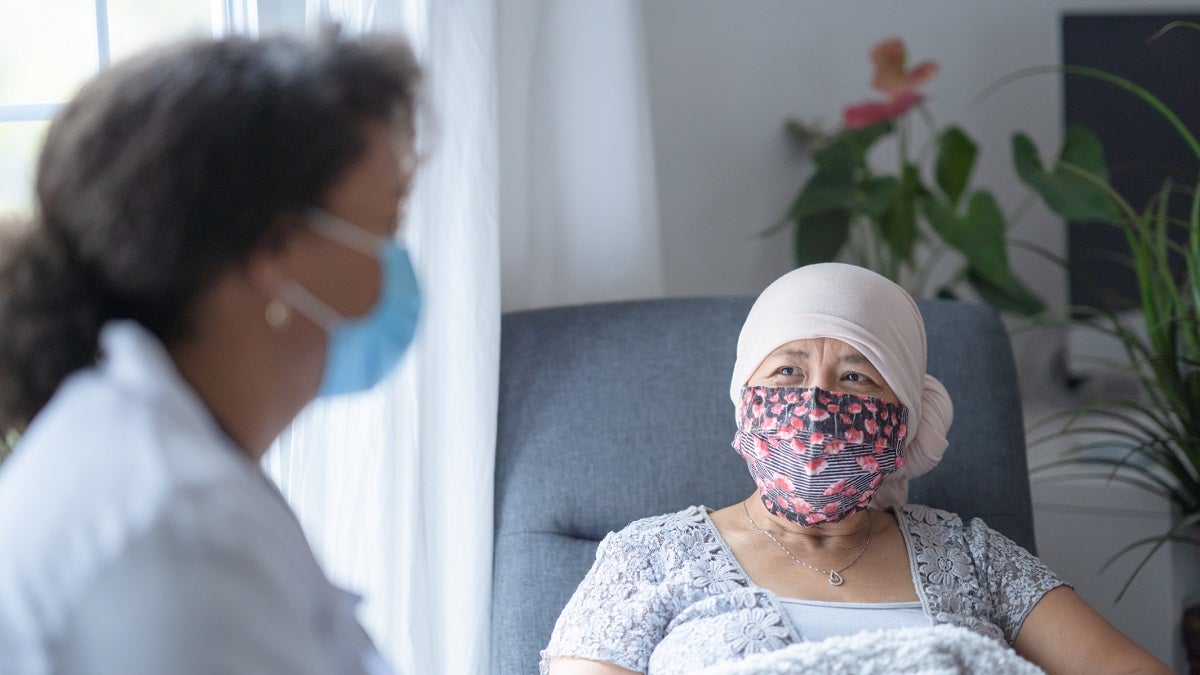 In a hospital room, an asian female cancer patient is chatting with her doctor. Both of them are wearing a mask during the coronavirus pandemic to help prevent the transfer of germs. The doctor is a female and of African American ethnicity.