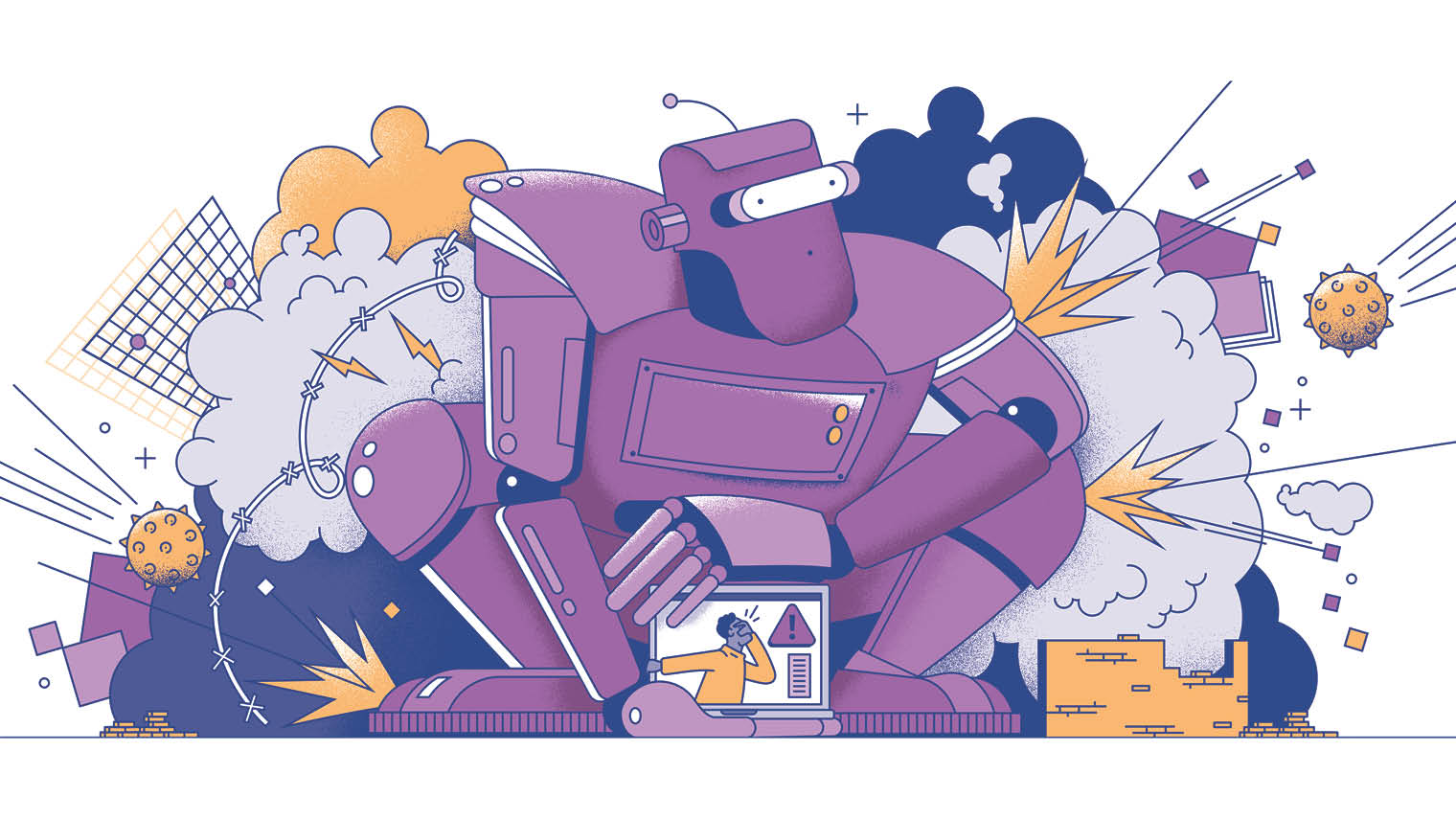 illustration of robot shielding a man from explosions