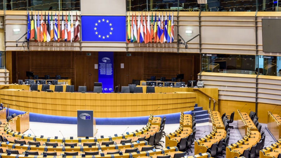 A view of an empty EU parliament chamber