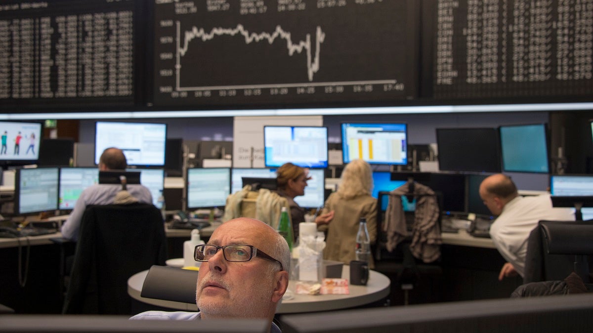 Floor trading at German Stock Exchange in Frankfurt, Germany, 08 May 2014, on the day of the monthly board meeting and press conference by European Central Bank president Mario Draghi. The ECB has decided to keep its interest rates unchanged, and Draghi stated that inflation expectations for the euro area over the medium to long term remain below 2 percent as aimed by the ECB. (Photo by Horacio Villalobos/Corbis via Getty Images)