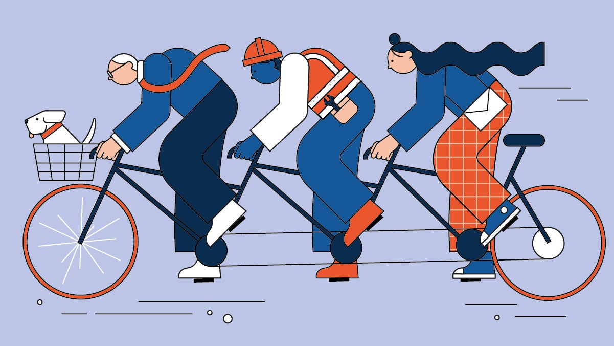 An illustration of workers cycling to work