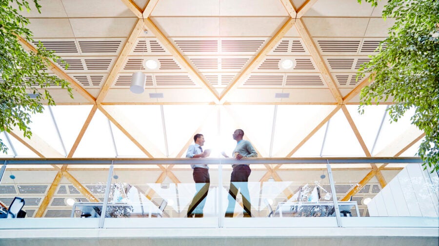 Two business decision-makers discuss strategy in a large, open, well-lit office